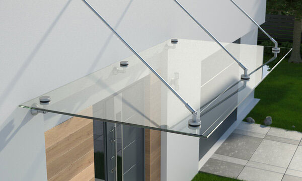 Glass canopy with stainless steel tie rods